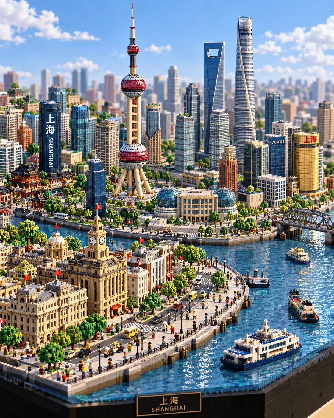 A detailed block-style Shanghai diorama combines the Oriental Pearl Tower and the waterfront skyline, busy miniature streets, tiny figures, boats and a dark display base.