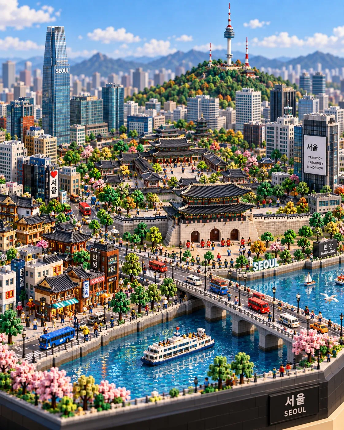 A detailed block-style Seoul diorama combines N Seoul Tower and traditional architecture, busy miniature streets, tiny figures, boats and a dark display base.
