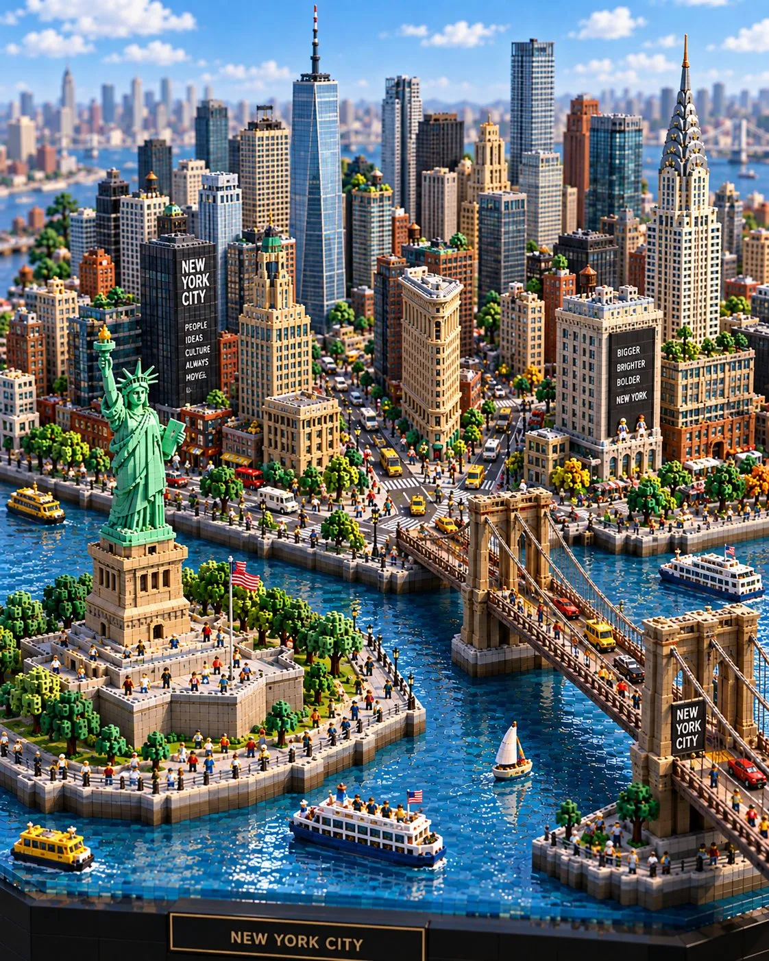 A detailed block-style New York diorama combines the Statue of Liberty and the skyline, busy miniature streets, tiny figures, boats and a dark display base.