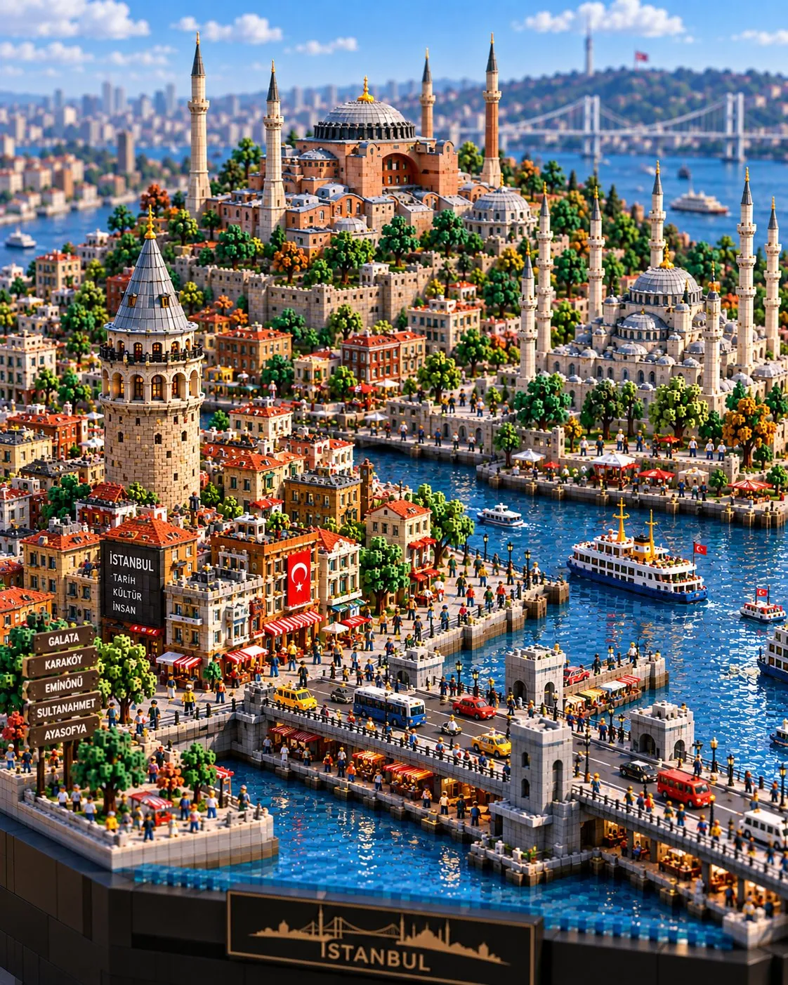 A detailed block-style Istanbul diorama combines domed mosques and the waterfront, busy miniature streets, tiny figures, boats and a dark display base.