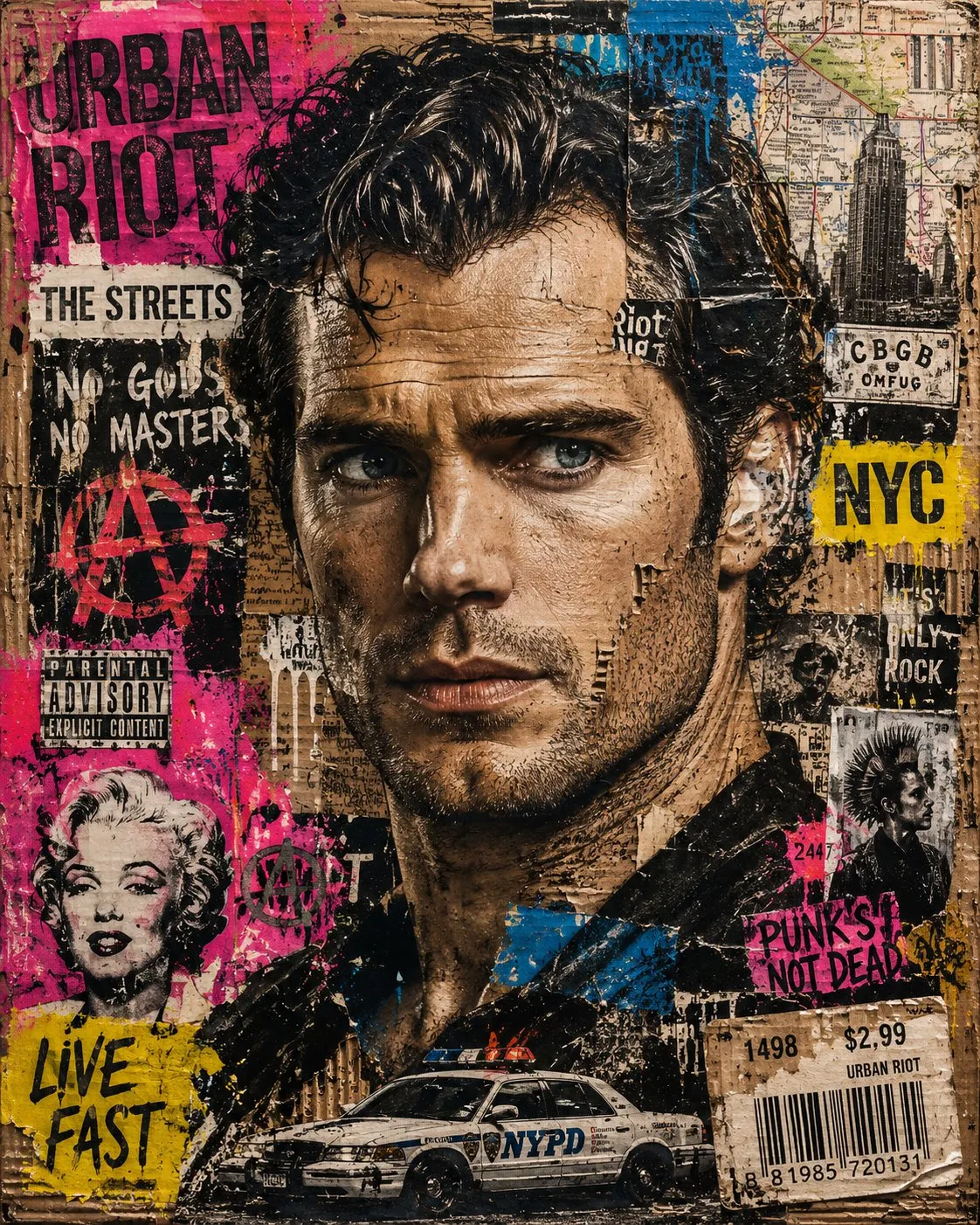 A dark-haired man appears within a torn cardboard street-art poster, surrounded by black and pink slogans, newspaper fragments and stickers.