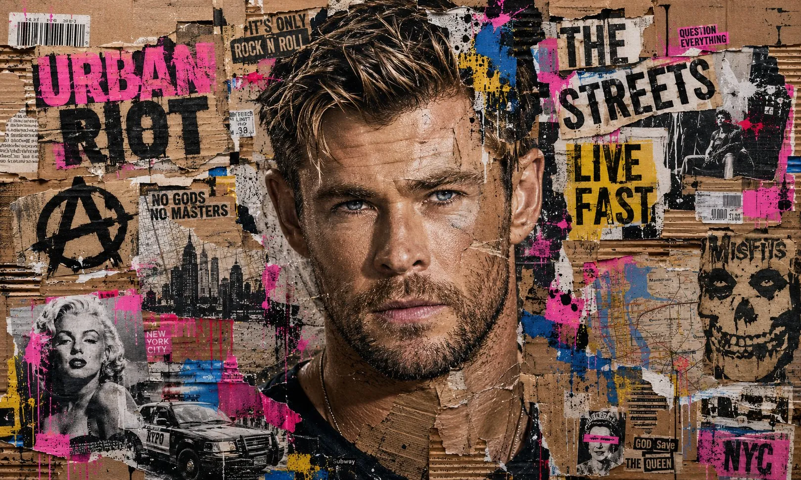 A rugged man is framed by cardboard collage, pink street-art lettering, a monochrome portrait and layered city graphics.