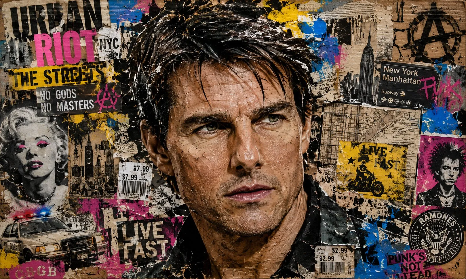 A close-up male portrait emerges from a gritty collage of torn cardboard, New York maps, punk slogans and bright stencil marks.