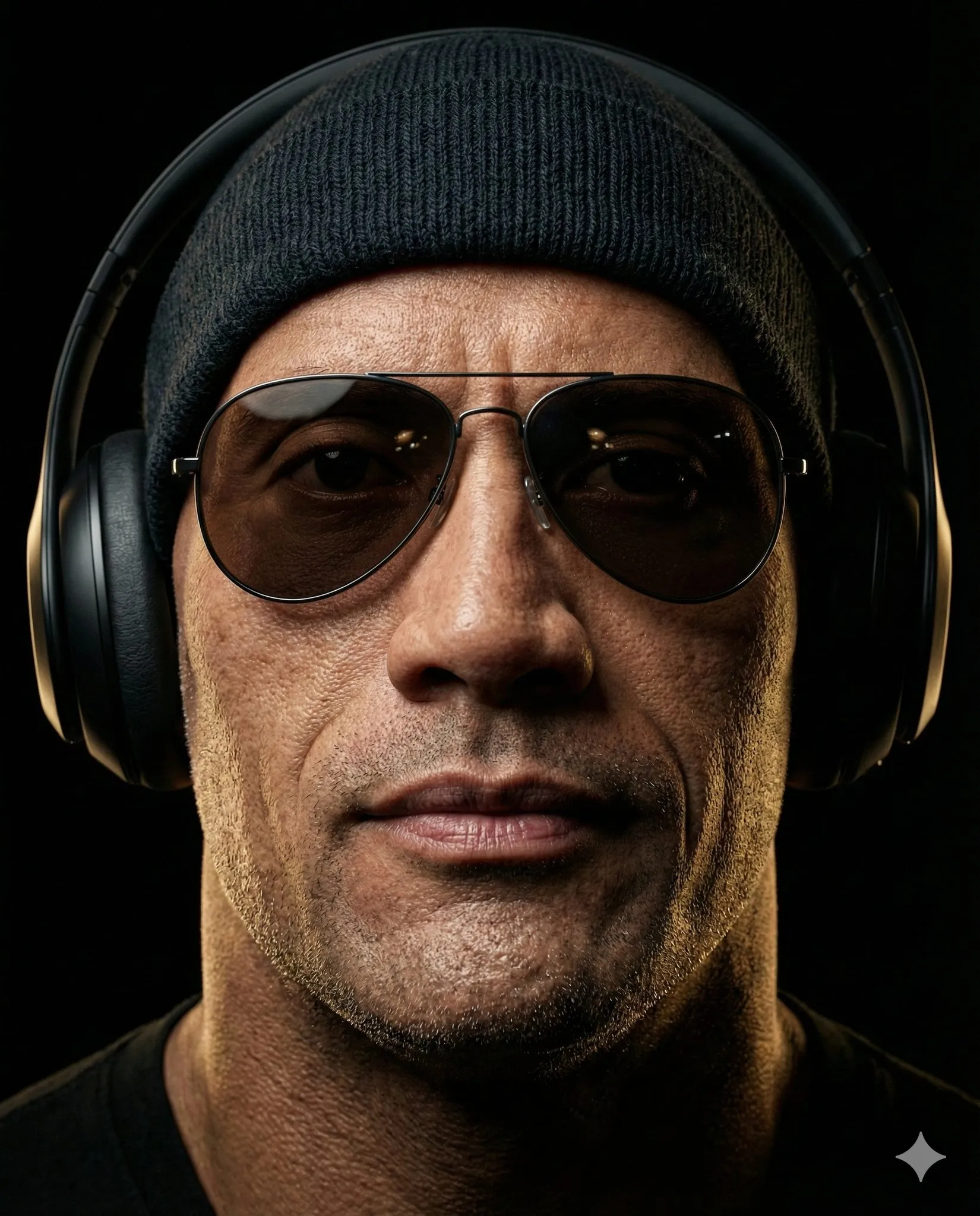 A man wearing a black knit beanie, tinted aviator sunglasses and large headphones fills the frame against black.