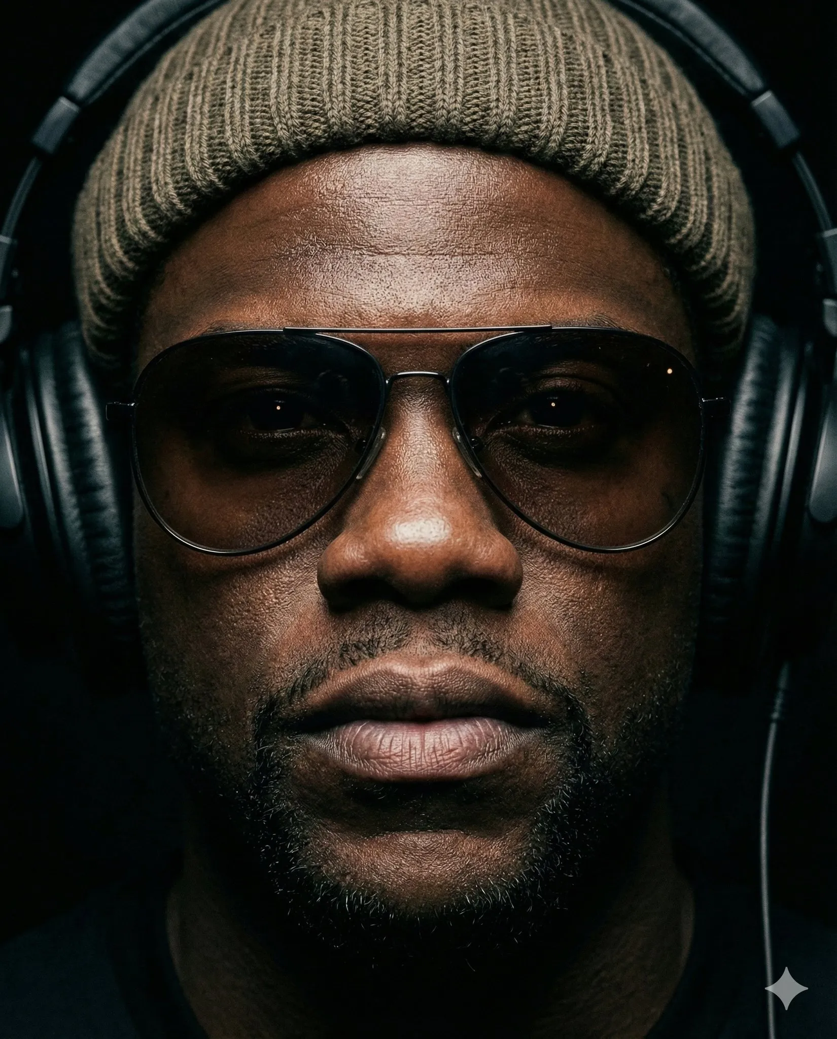 A dark-skinned man in a pale knit beanie, dark aviators and headphones appears in a moody face-filling portrait.