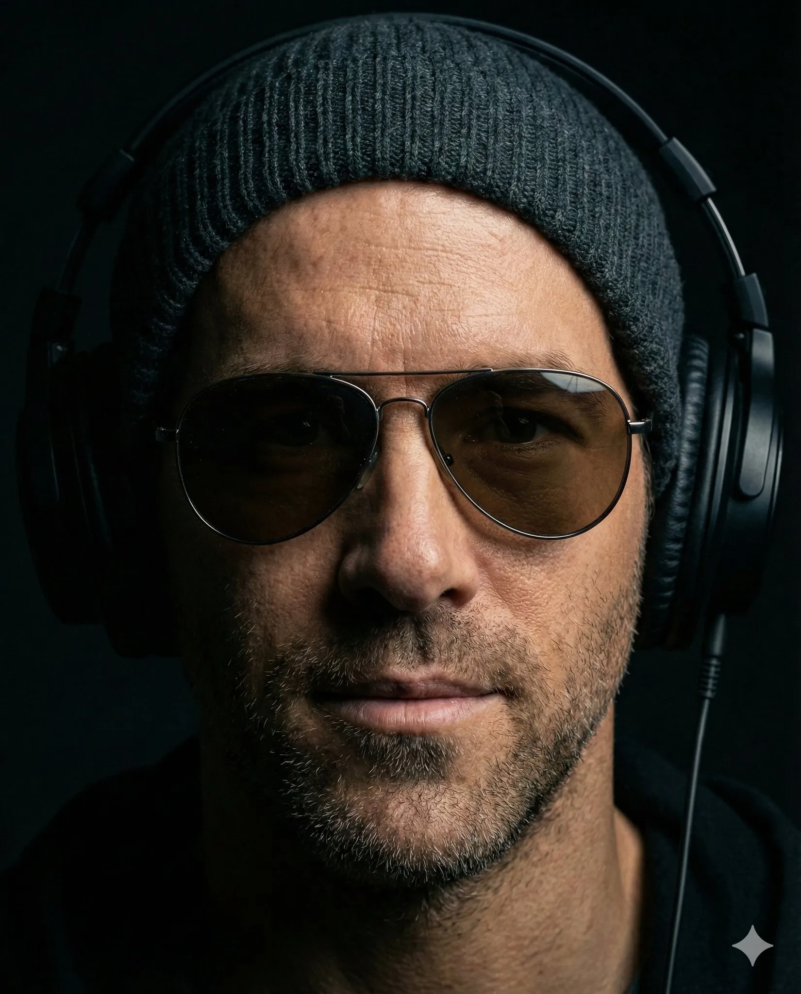A man in a dark beanie, tinted aviators and headphones looks forward in a closely cropped portrait with warm side light.