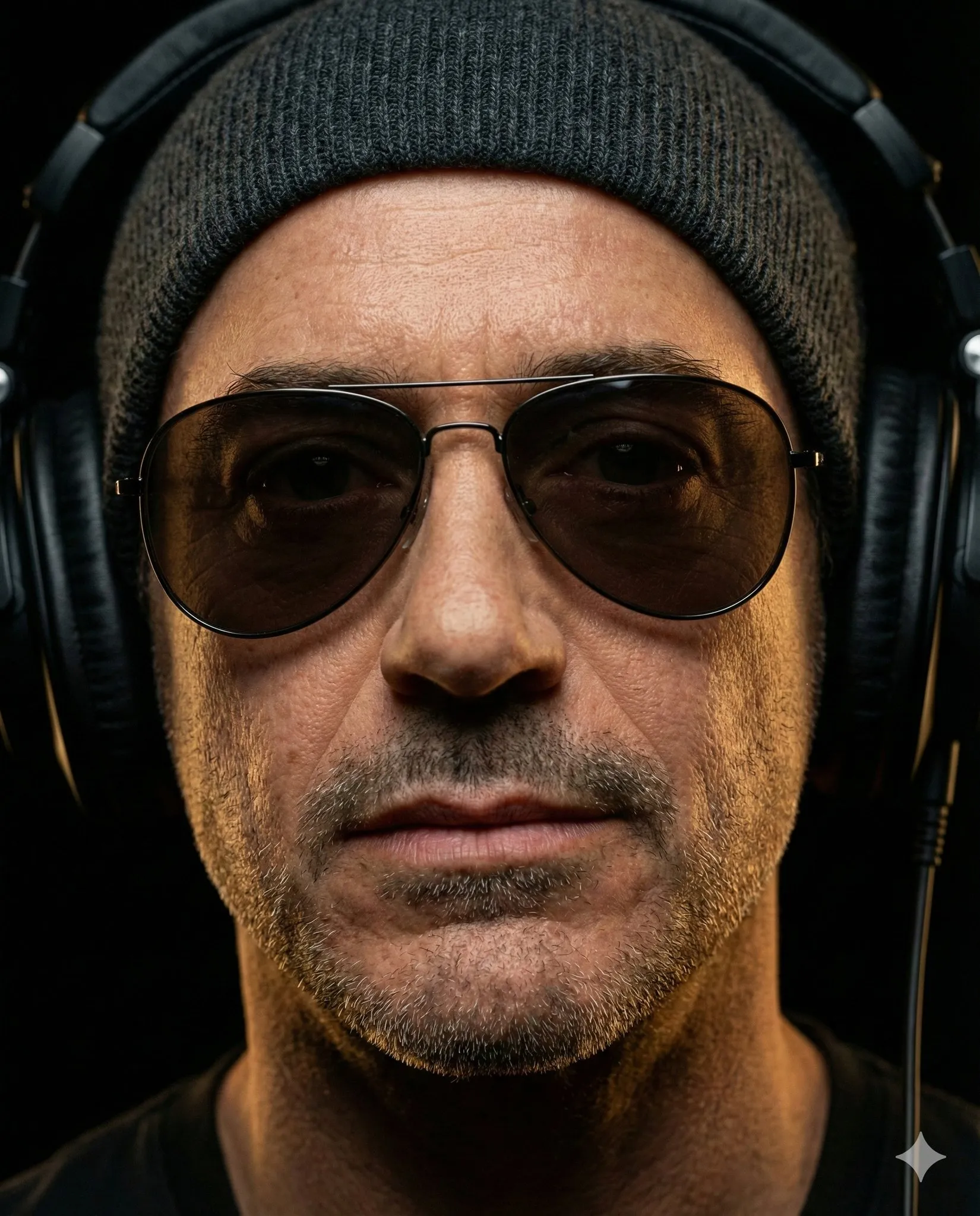 A stubbled man in a charcoal beanie, aviator sunglasses and headphones is framed in a tight black-background close-up.