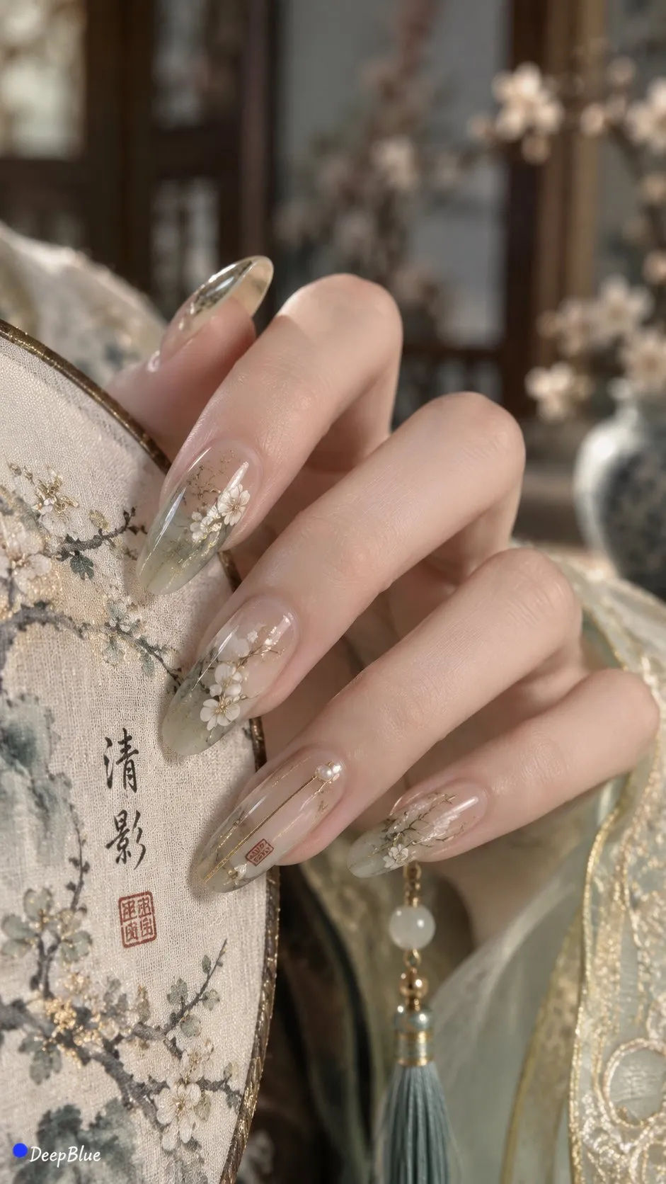 透ける花柄ネイルが淡い刺繍の団扇に重なる。