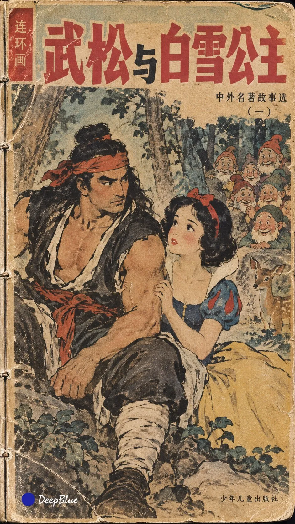 武松と白雪姫が黄ばんだ連環画の表紙に共演する。