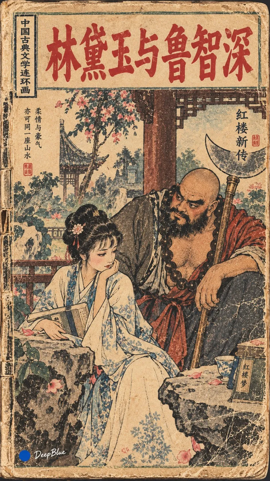 林黛玉と魯智深が古い印刷風の物語場面で隣り合って座る。