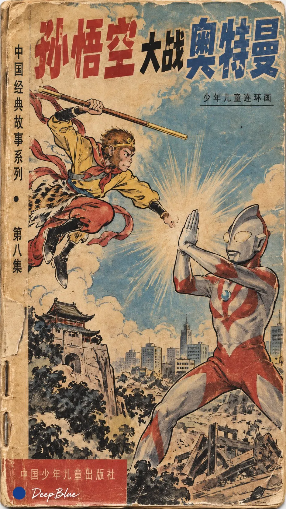 Sun Wukong battles Ultraman on a weathered comic-book cover.