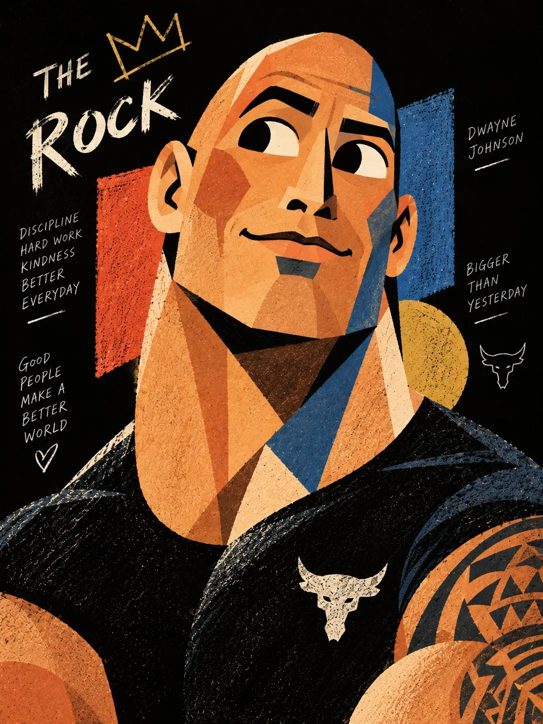 黒い背景に、オレンジと青の幾何学的な形で描かれた、眉を上げた坊主頭の男性の肖像。