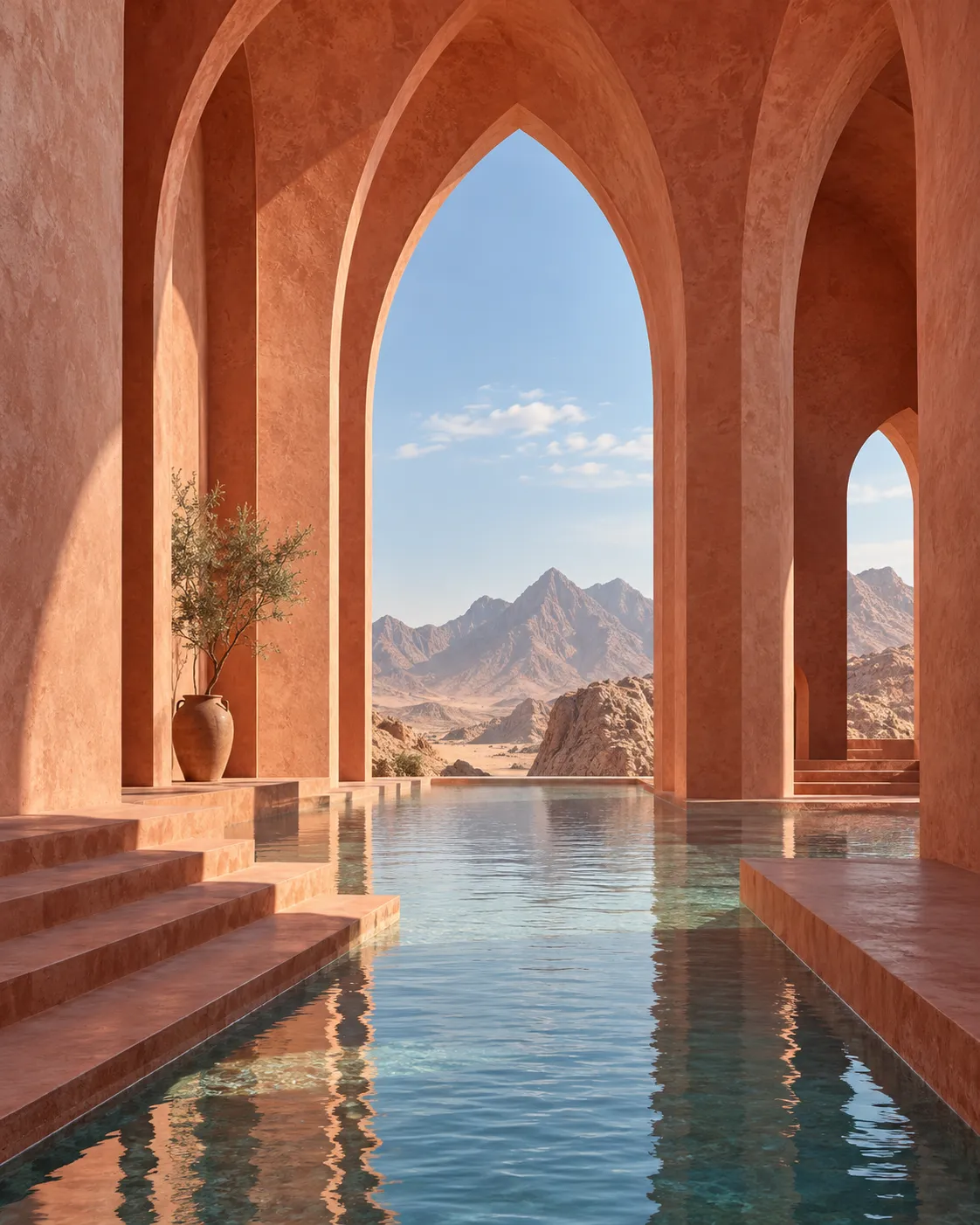 Tall terracotta arches frame a desert mountain range above a shallow reflecting pool.