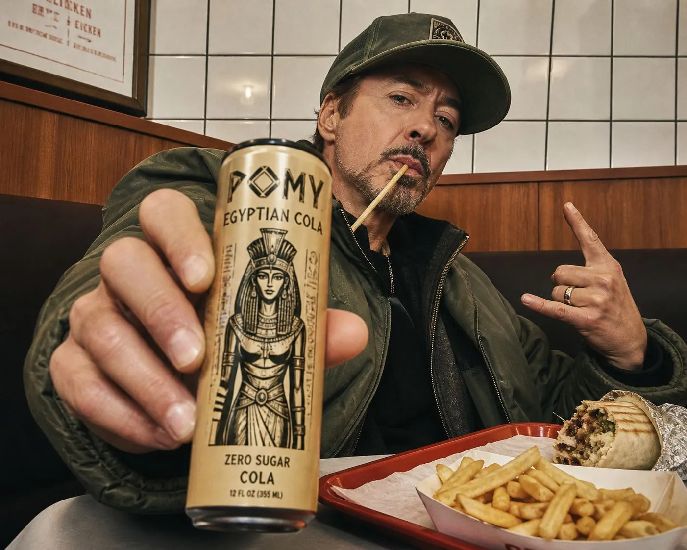 緑のジャケットを着た男性がタイル張りのダイナーで金色のコーラ缶をレンズに向け、横にポテトとラップがある。