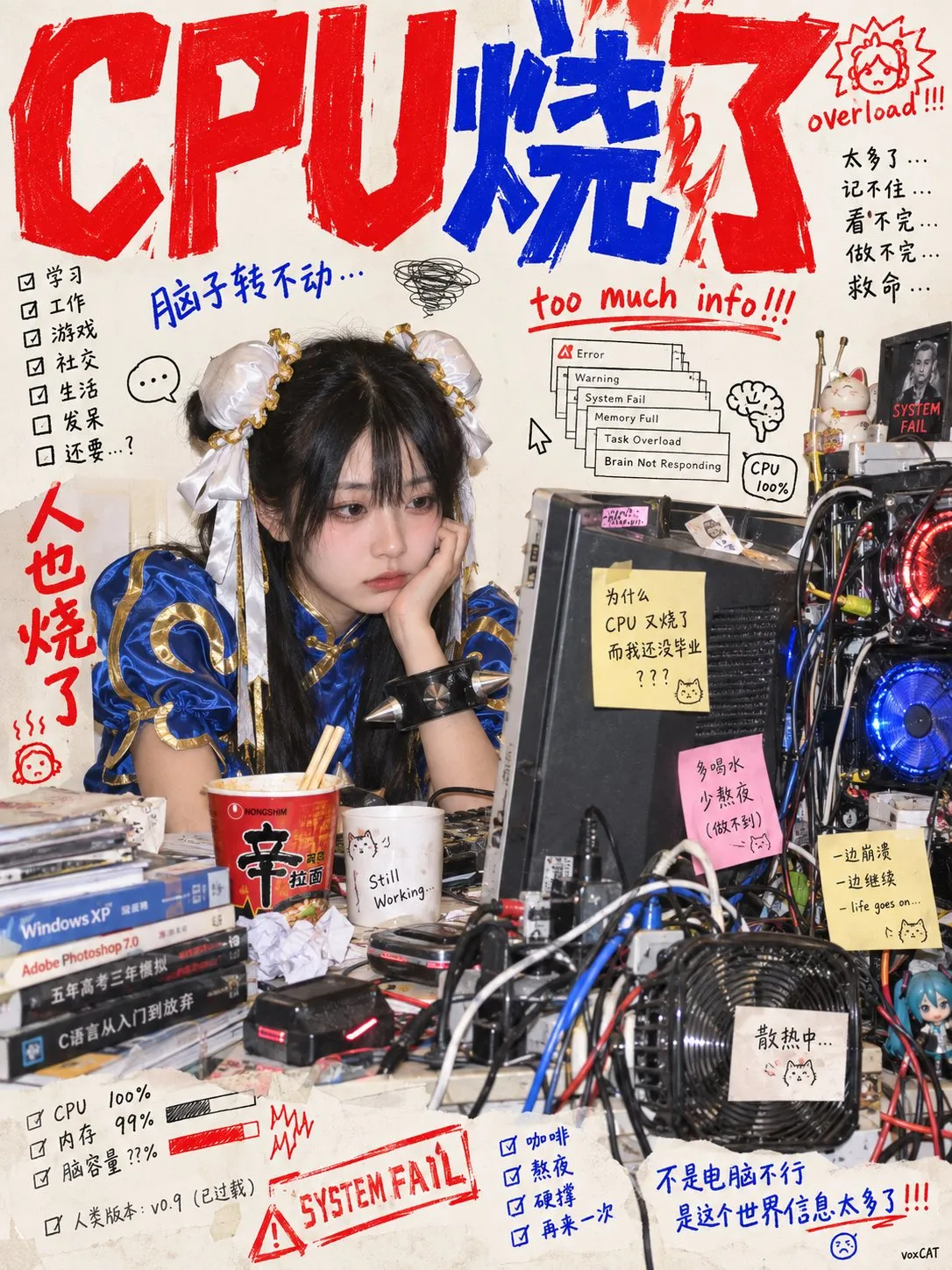 混み合うパソコン机にもたれる女性を「CPU烧了」の見出しと赤青の落書きが囲む。