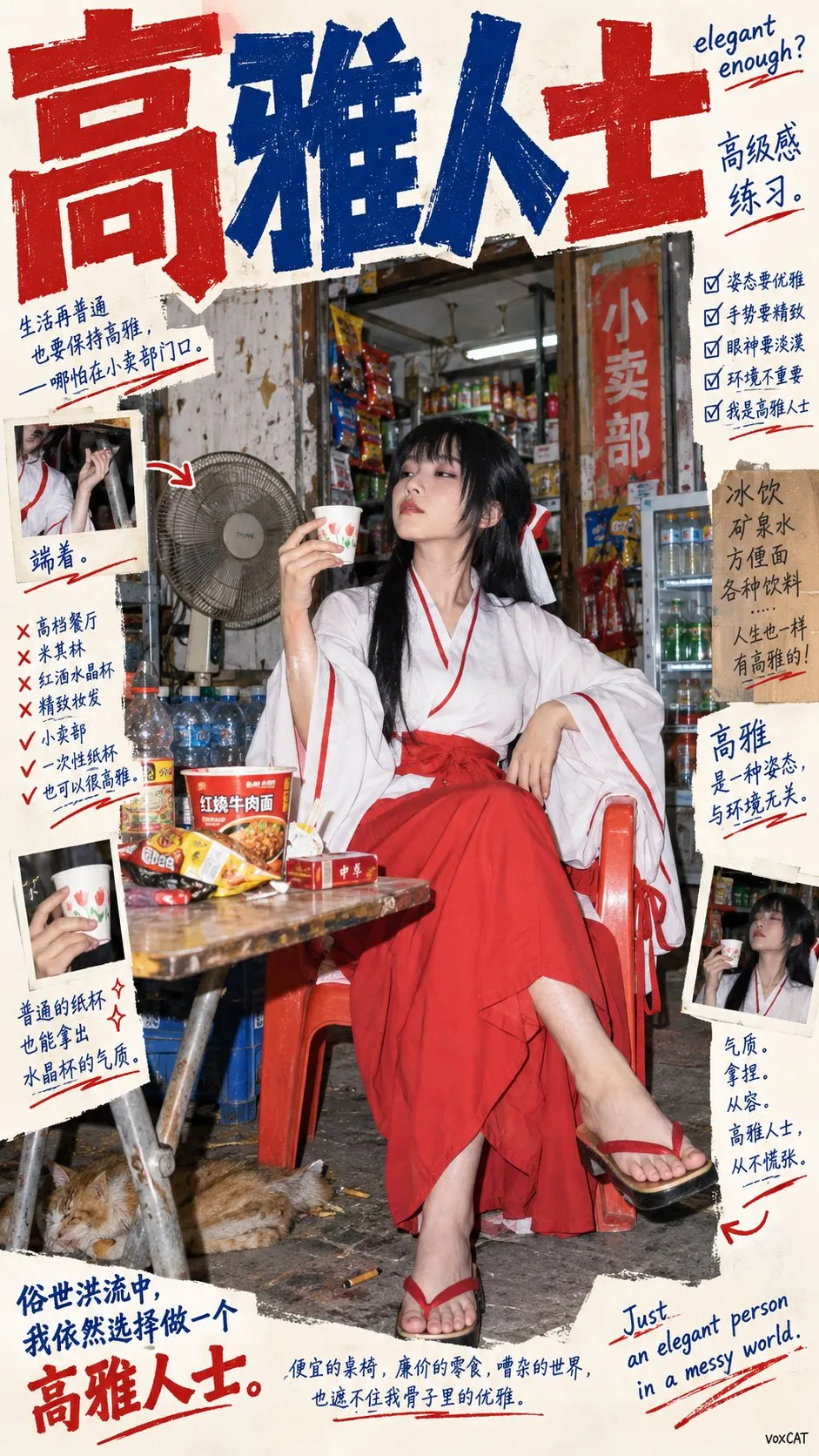 小さな店に座る赤白の服の女性の上に「高雅人士」の大見出しを配する。