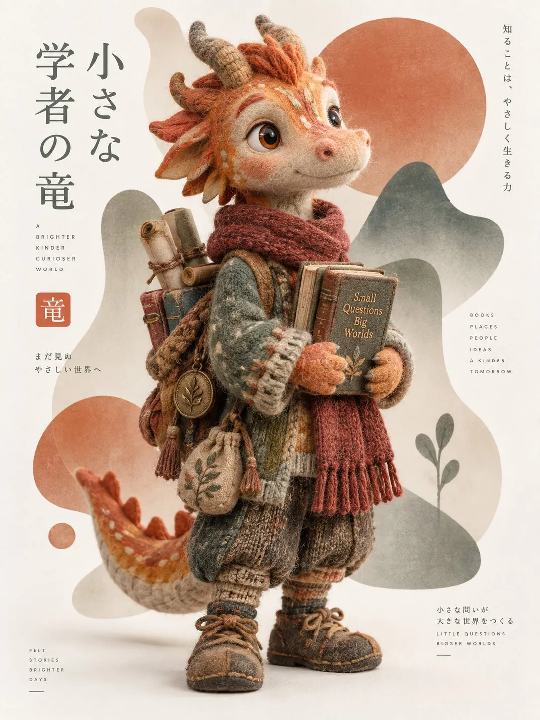A small orange dragon scholar carries books and a red scarf.