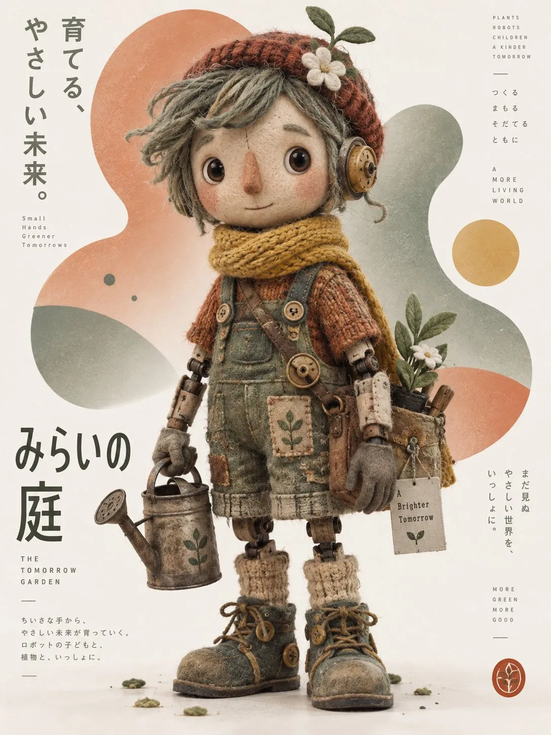 ニットの庭師人形がじょうろを持ち、柔らかな色面を背景に立つ。