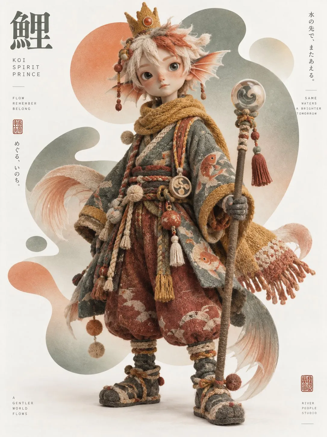 重ねた織物の服を着た魚の尾の王子が、装飾的な杖を持つ。