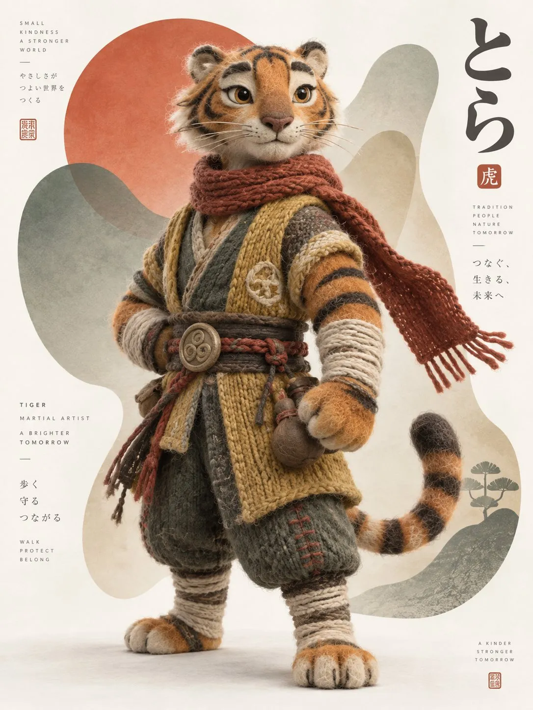 トラのキャラクターがマスタード色の刺繍服と赤いマフラーを着ける。