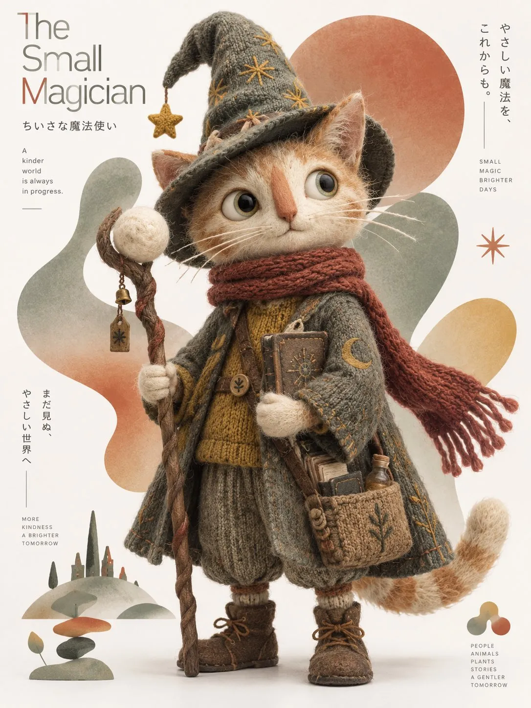 尖り帽子の猫の魔法使いが小さな杖を持つ。