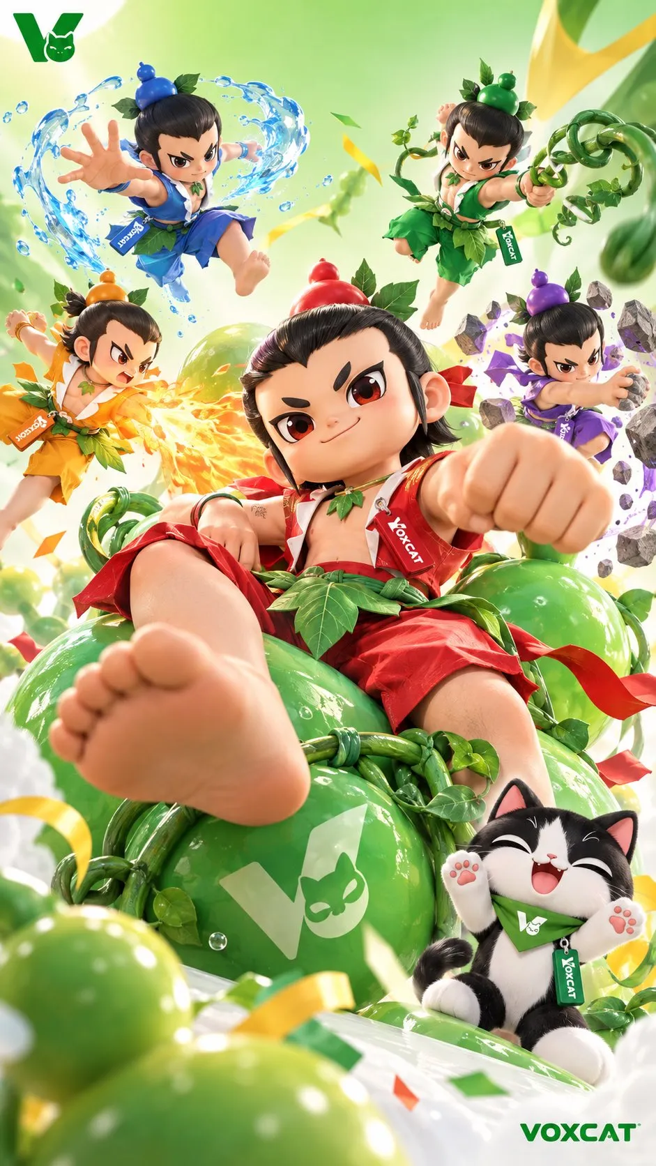 緑を背景に、ひょうたんをモチーフにしたキャラクターが座る主役を囲み、拳と裸足がレンズへ伸びる。