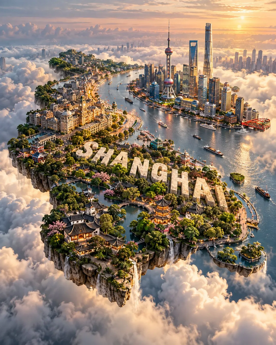 A floating miniature island of Shanghai combines landmarks, waterways, greenery and large pale place-name letters above golden clouds.