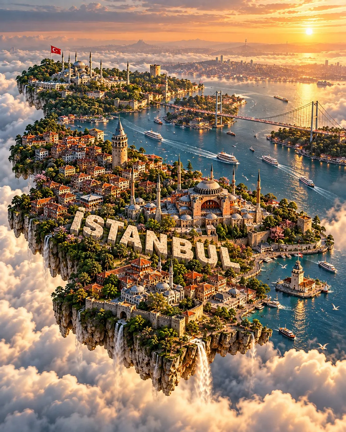 A floating miniature island of Istanbul combines landmarks, waterways, greenery and large pale place-name letters above golden clouds.
