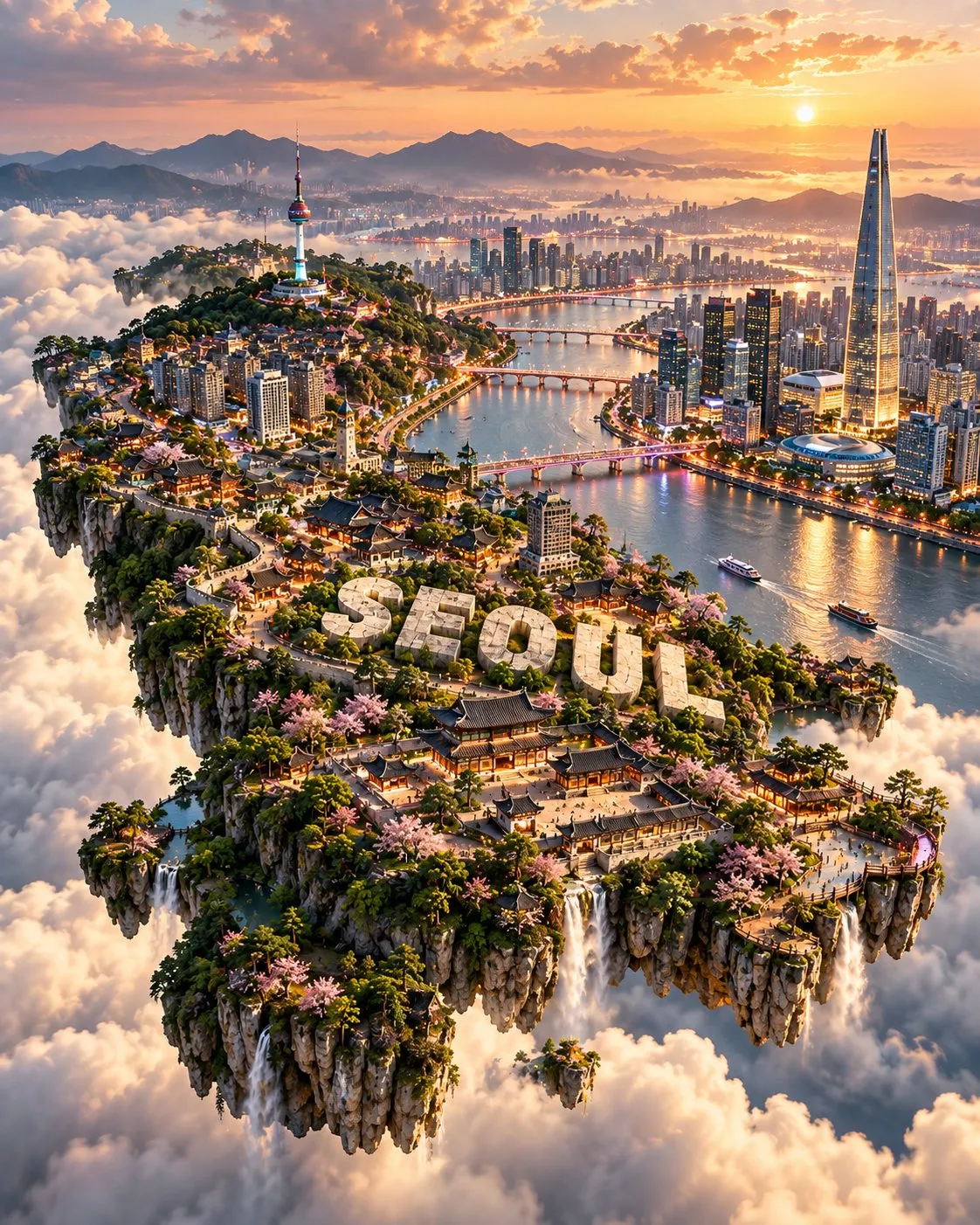 A floating miniature island of Seoul combines landmarks, waterways, greenery and large pale place-name letters above golden clouds.
