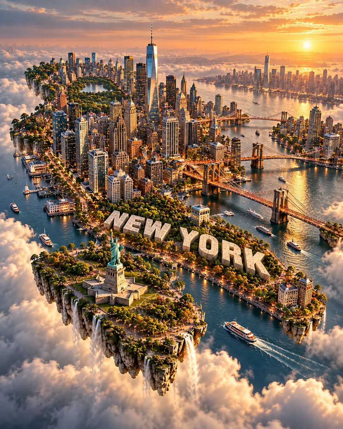 A floating miniature island of New York combines landmarks, waterways, greenery and large pale place-name letters above golden clouds.