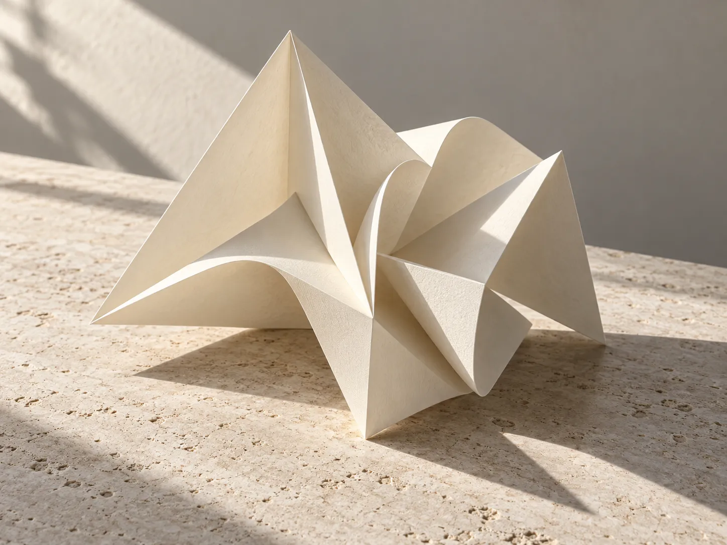 An ivory paper sculpture with triangular folds and curved planes casts shadows on a stone table.