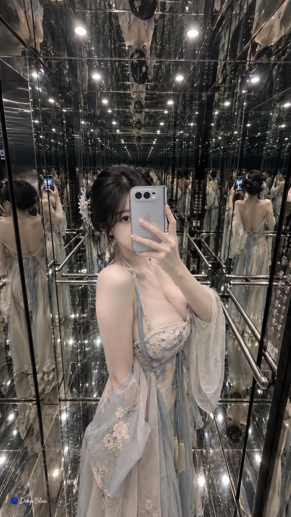 鏡張りのエレベーターで女性が顔の前にスマートフォンを構え、背後に人物の鏡像と天井の照明が連続する。