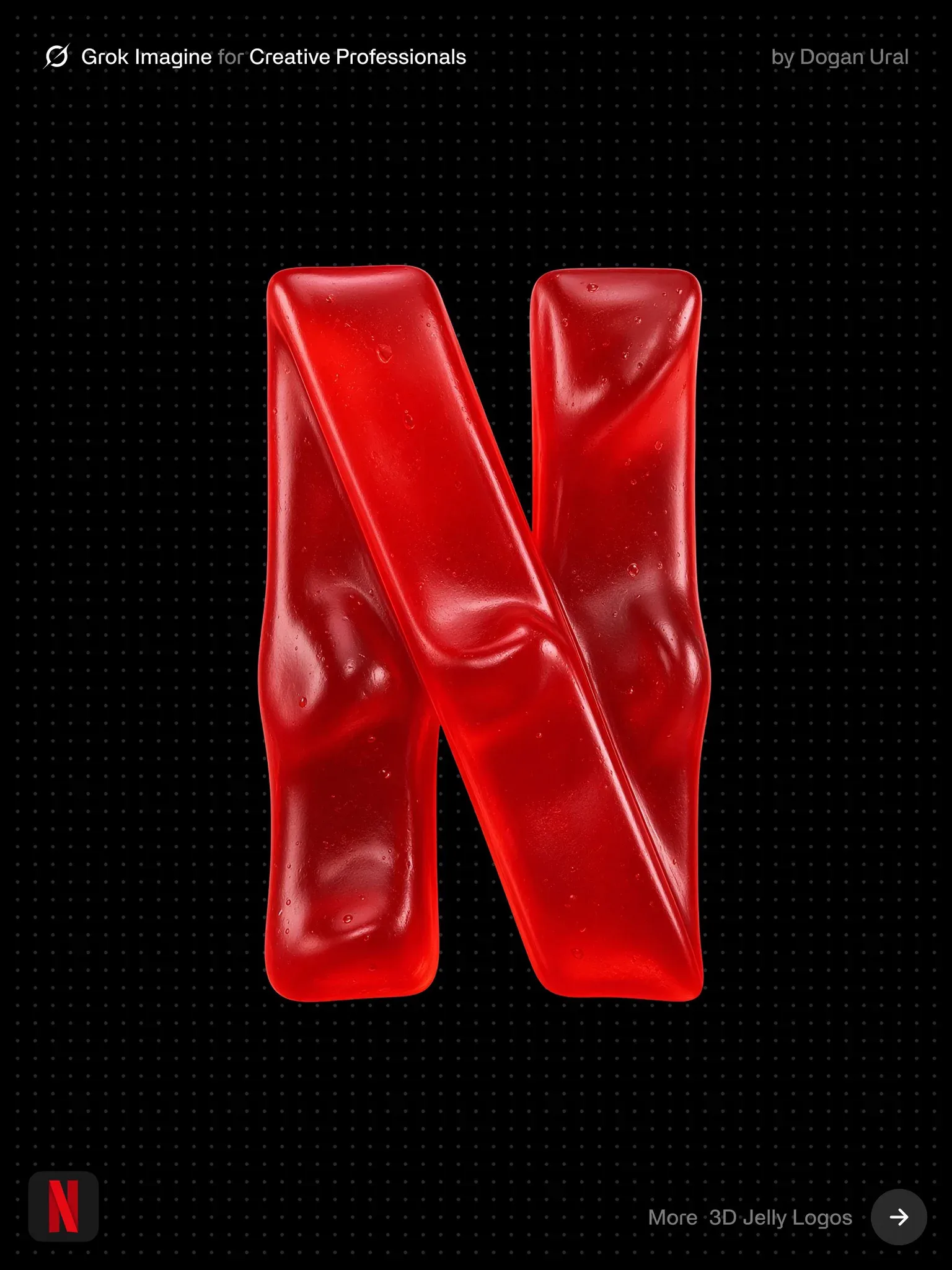 黒い背景に、光沢のある半透明のジェリー彫刻に形作られた赤い Netflix の N。