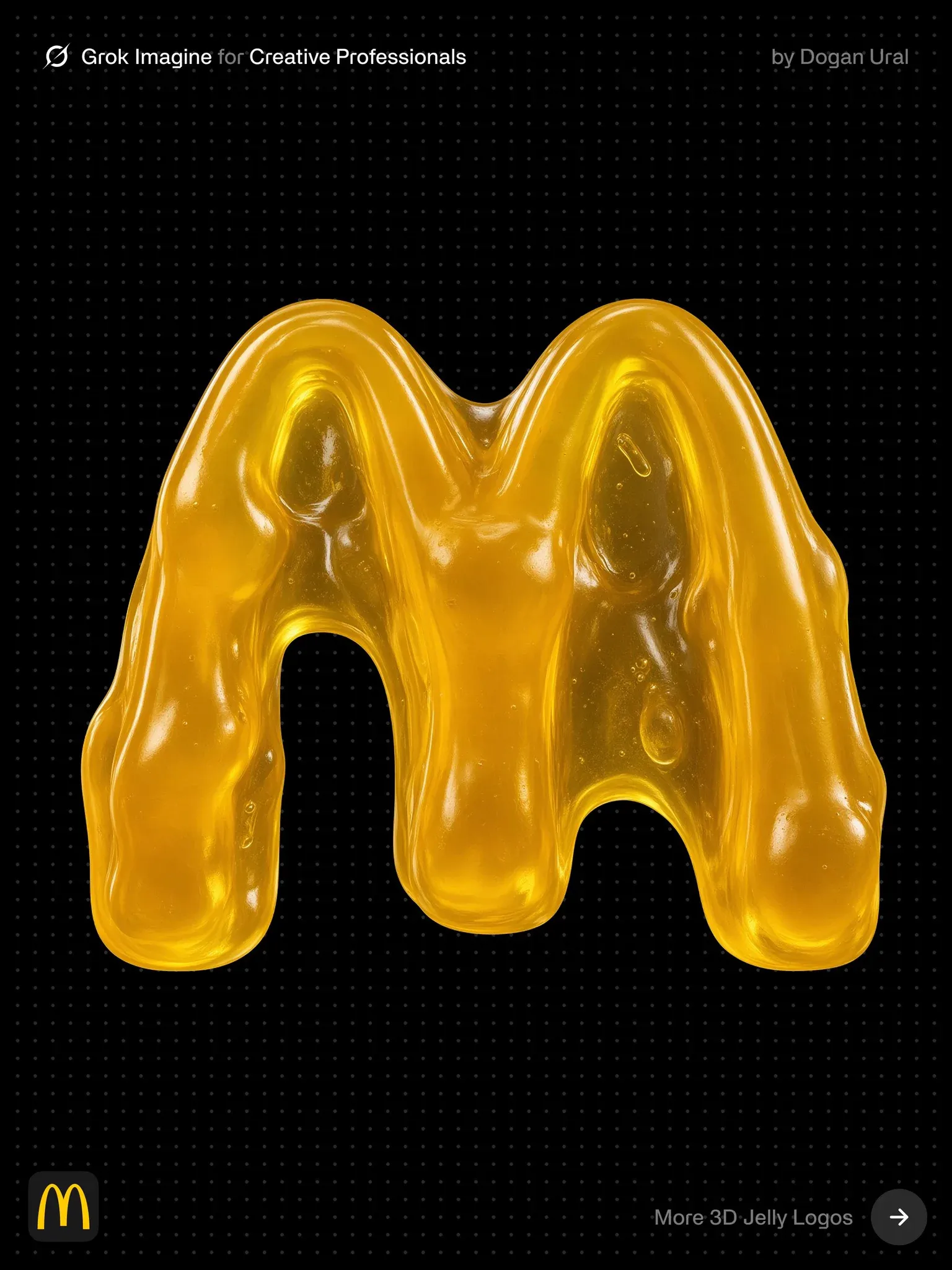 黒い背景に、柔らかく半透明のジェリー彫刻に形作られた黄色い McDonald's の M。