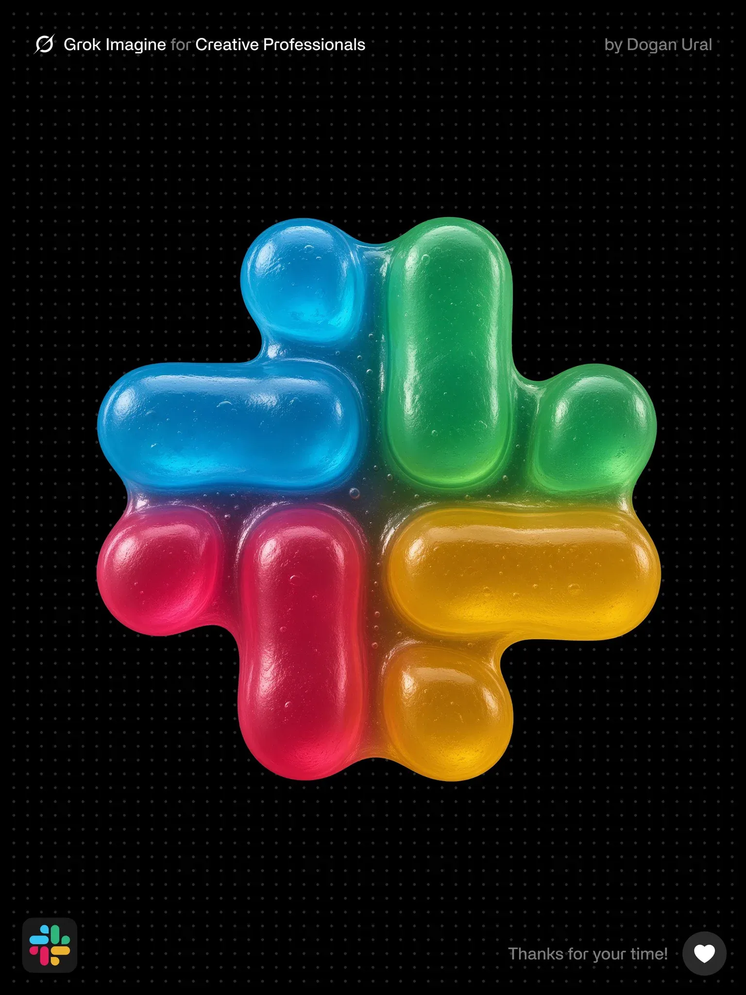 黒い背景に、光沢のある半透明のグミゼリーで作られたカラフルな Slack のシンボル。