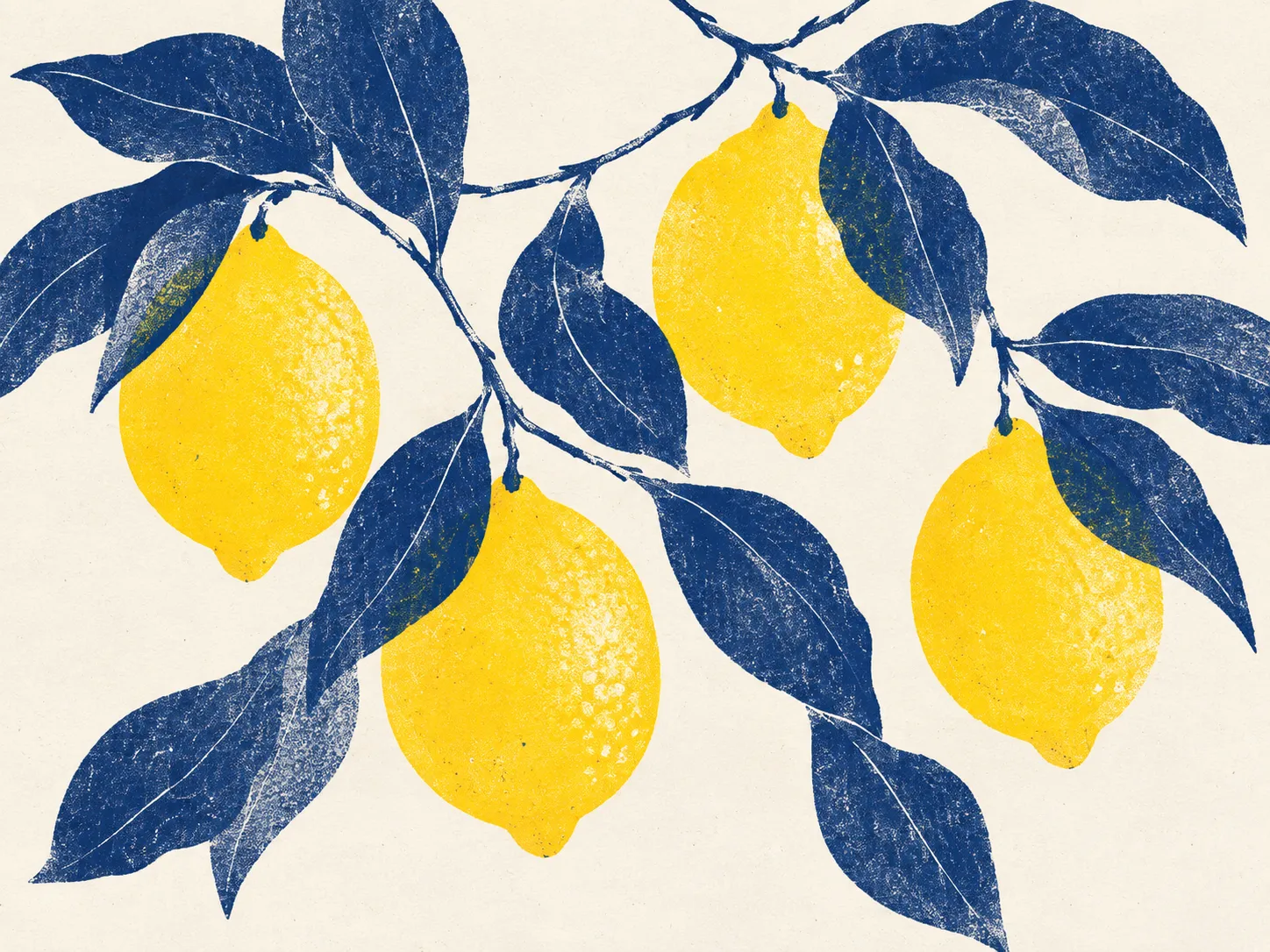 Four yellow lemons hang among textured indigo leaves on an off-white paper background.