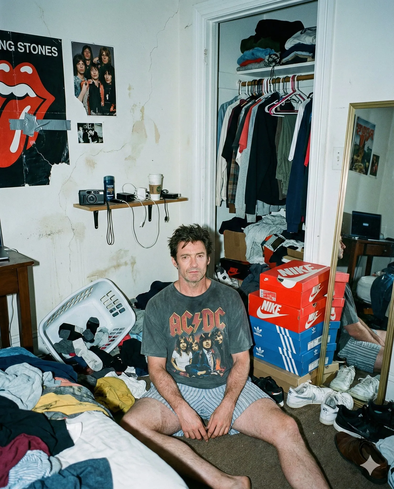 ロックバンドのTシャツを着た疲れた男性が、衣服、開いたクローゼット、靴箱に囲まれた寝室の床に座る。