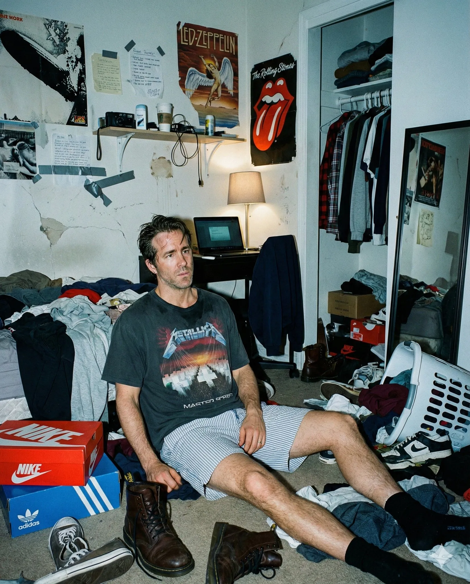 バンドのTシャツを着た男性が衣服と靴で散らかった寝室に座り、背後にポスター、ランプ、鏡がある。