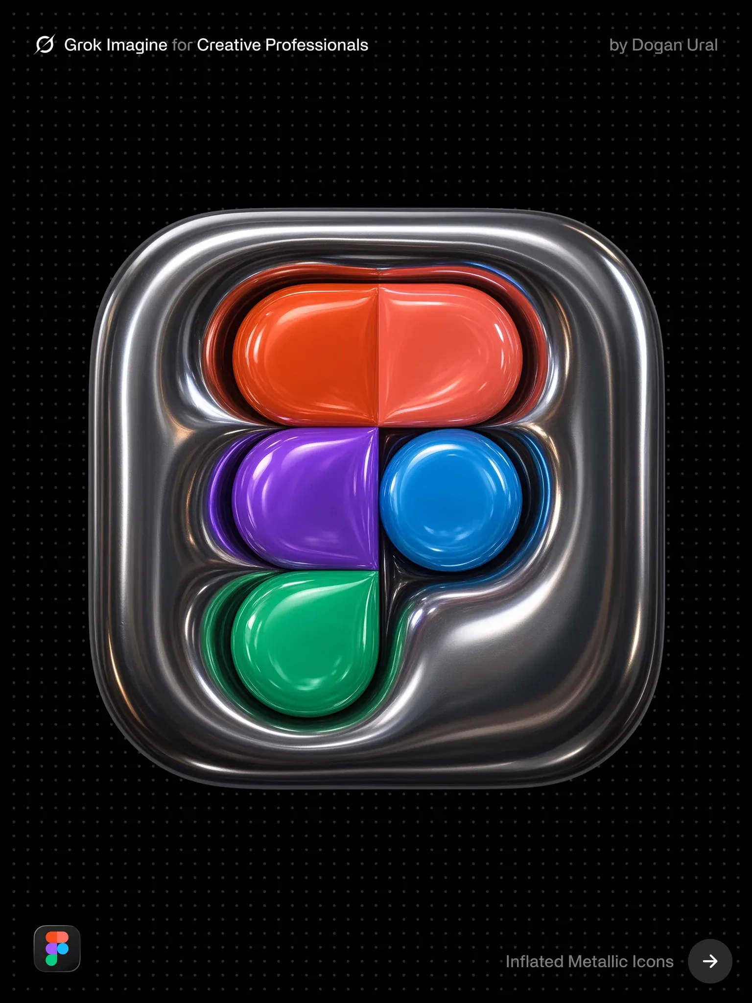 A rounded-square Figma app icon rendered as swollen, reflective metallic gel on black.