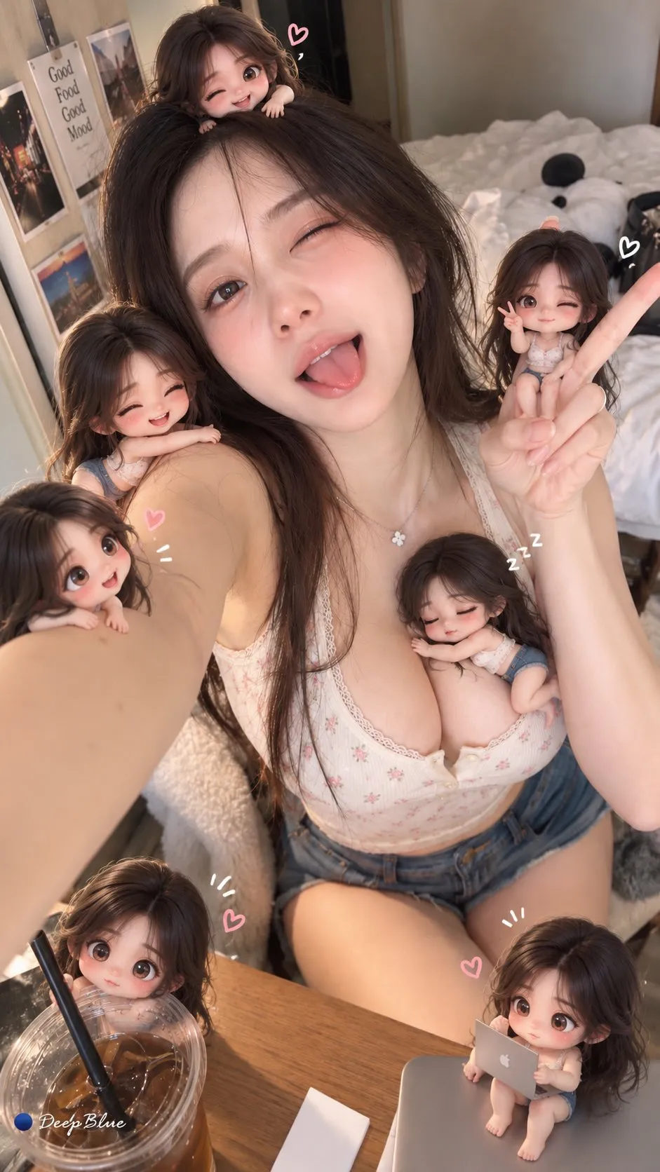 A winking woman taking a selfie is surrounded by tiny versions of herself perched on her hair, shoulder, arm, drink and laptop.