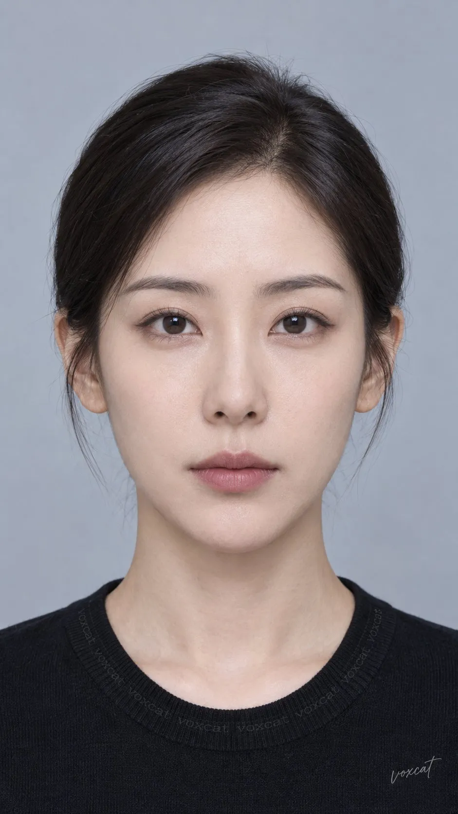 A centered dark-haired woman with a narrow oval face wears a plain black top against gray-blue.