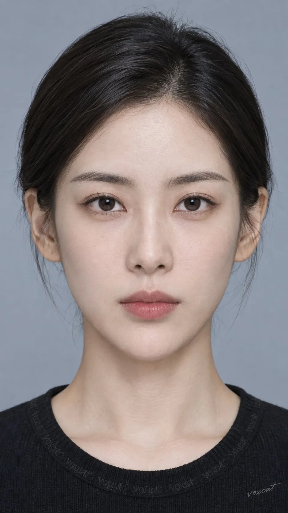 A second frontal study uses a softly lit oval face, side-parted hair and a restrained expression.