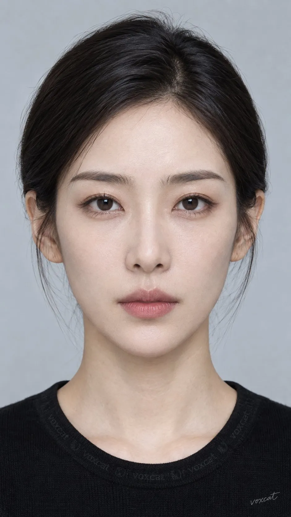 A third dark-haired portrait subtly varies the eyes and lips while retaining the same plain studio setup.