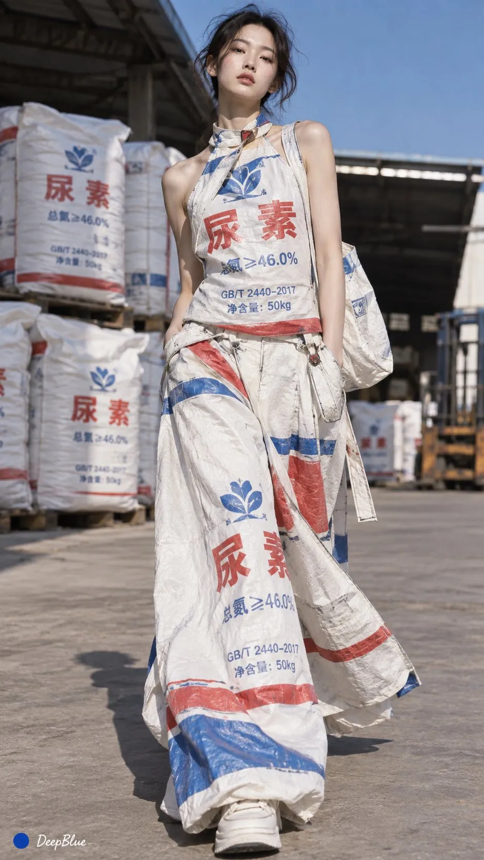 白と青の服に尿素肥料袋の文字と素材感を残している。