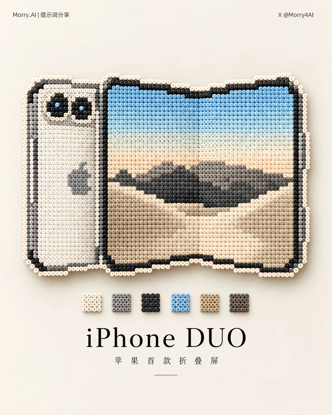 iPhone DUOと記されたクリーム色の折りたたみ携帯のビーズ案に、淡いビーズの色見本を並べる。