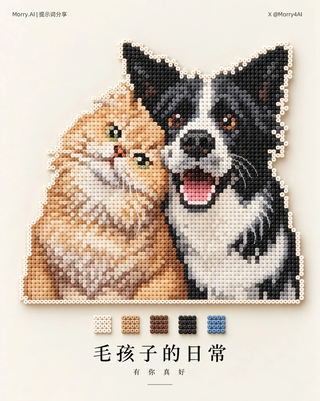 茶トラ猫とボーダーコリーが並んで座るビーズ像に、配色表とペットの日常の手書き文字を添える。