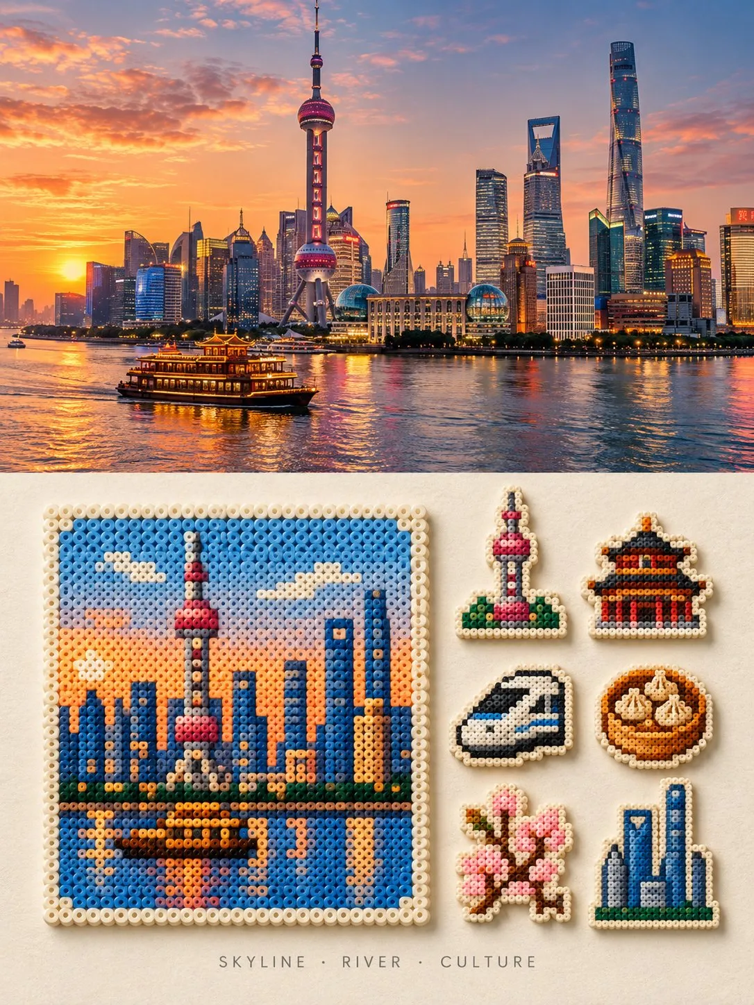 上海の夕景の下に、東方明珠塔と水辺のスカイラインを描いた正方形のアイロンビーズ作品と、クリーム色の紙上の六つの小さな土産物モチーフを配置している。