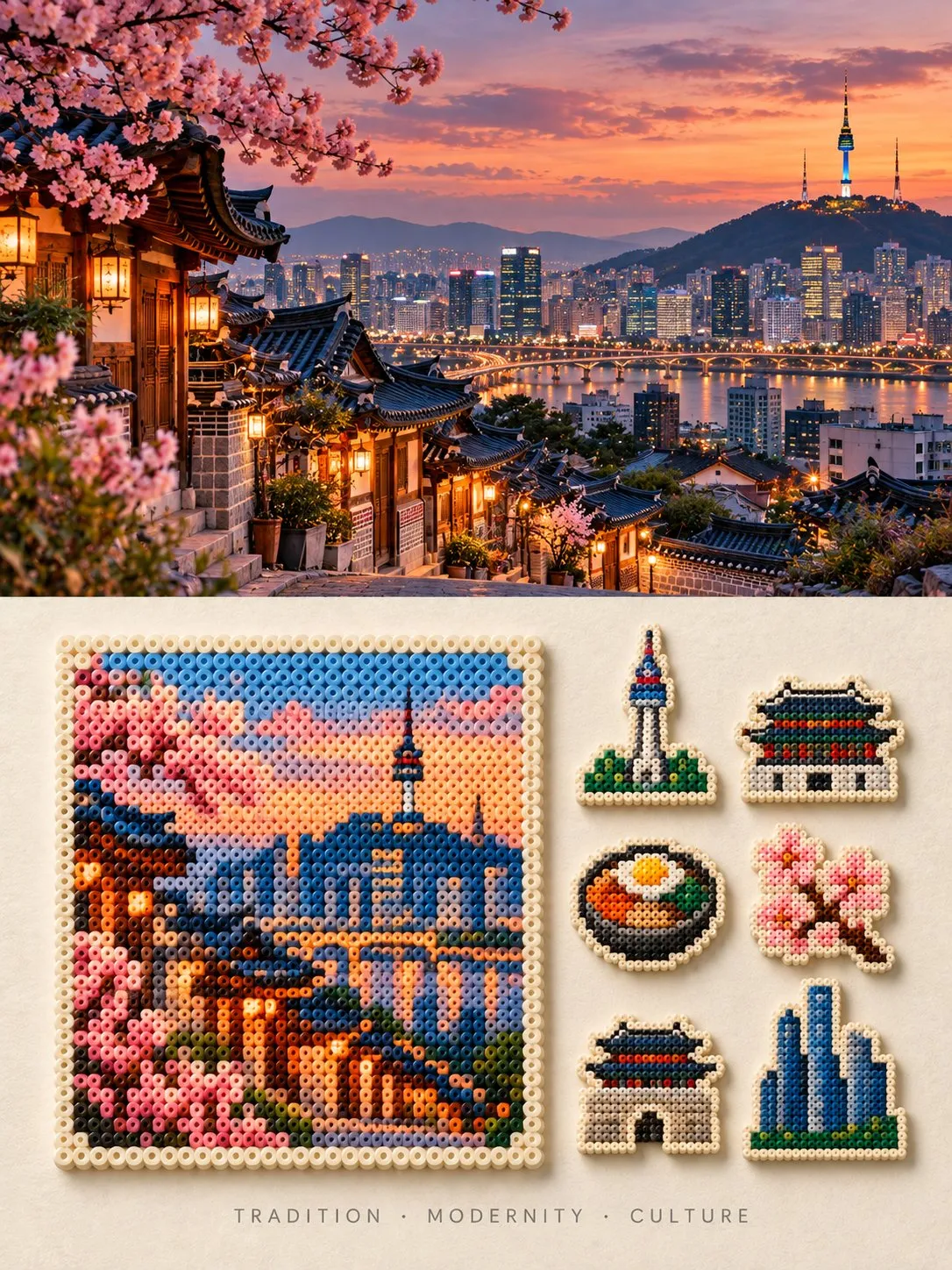 ソウルの夕景の下に、Nソウルタワーと伝統建築を描いた正方形のアイロンビーズ作品と、クリーム色の紙上の六つの小さな土産物モチーフを配置している。