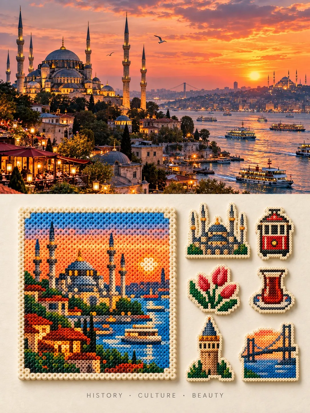 イスタンブールの夕景の下に、ドームのあるモスクと水辺を描いた正方形のアイロンビーズ作品と、クリーム色の紙上の六つの小さな土産物モチーフを配置している。