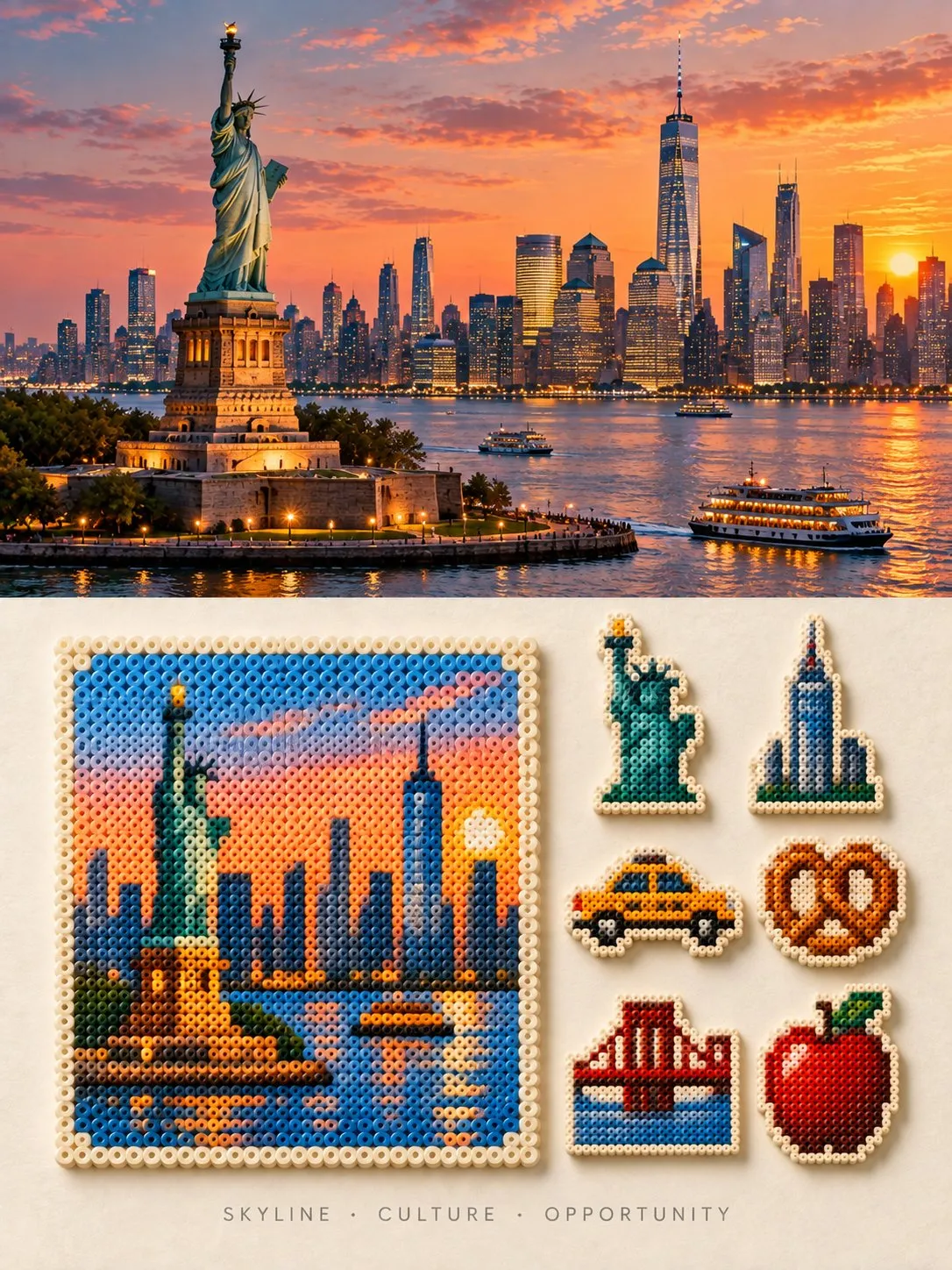 ニューヨークの夕景の下に、自由の女神像とスカイラインを描いた正方形のアイロンビーズ作品と、クリーム色の紙上の六つの小さな土産物モチーフを配置している。